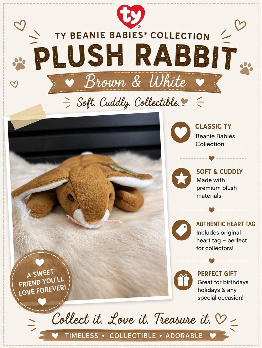 Ty Beanie Babies Collection Plush Rabbit Brown and White with Heart Tag